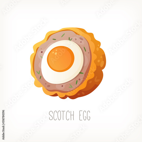 Classic traditional dish of British street food. Scotch egg. Deep fried crispy boiled egg in sausage meat. Vector image good for menu, bodega posters, shop labels or packaging designs.