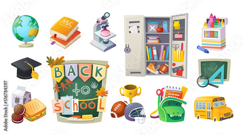 Collection of school items and equipment for study. Isolated vector icons for school designs back to school invitations and school sale labels