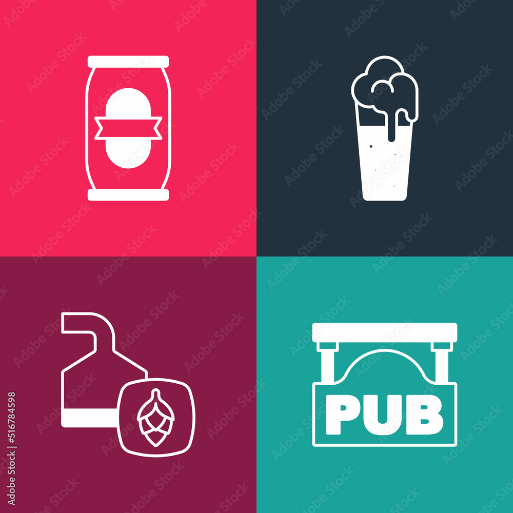 Set pop art Street signboard with Pub, Beer brewing process, Glass of beer and can icon. Vector Set pop art Street signboard with Pub, Beer brewing process, Glass of beer and can icon. Vector