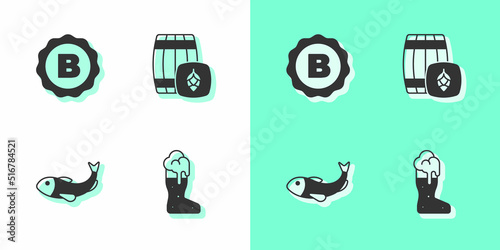 Set Boot beer glass, Bottle cap with, Dried fish and Wooden barrel icon. Vector