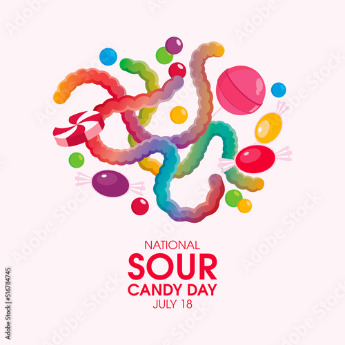 National Sour Candy Day vector. Pile of candies drawing. Colorful gummy jelly worm candies vector. July 18. Important day