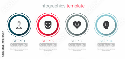 Set Helping hand, Comedy theatrical mask, Psychology, Psi and Solution to problem. Business infographic template. Vector
