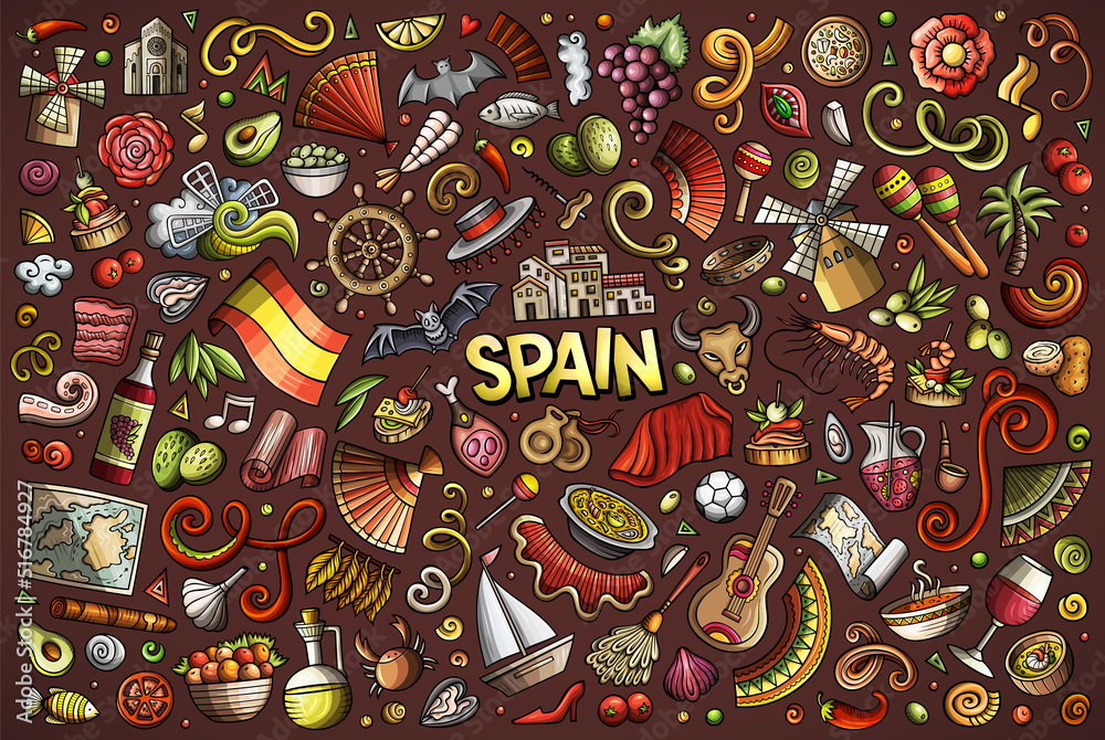 Naklejka premium Doodle cartoon set of Spain objects and symbols