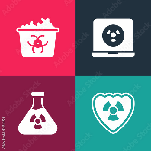 Set pop art Radioactive in shield, Test tube radiation, Nuclear laptop and Infectious waste icon. Vector