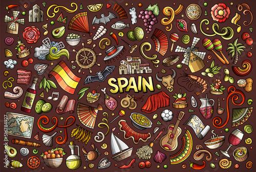 Doodle cartoon set of Spain objects and symbols