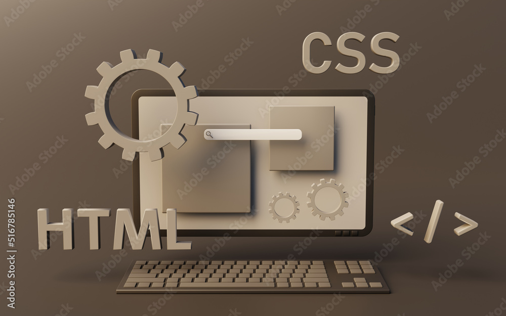 Programming web pages with html and css code on a desktop computer.  Illustration Stock | Adobe Stock