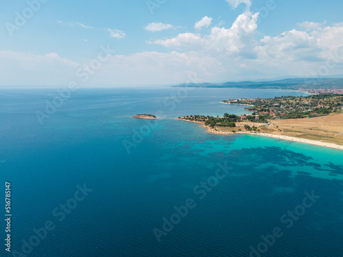 Aerial view of turquoise sea waters in Sithonia, Greece