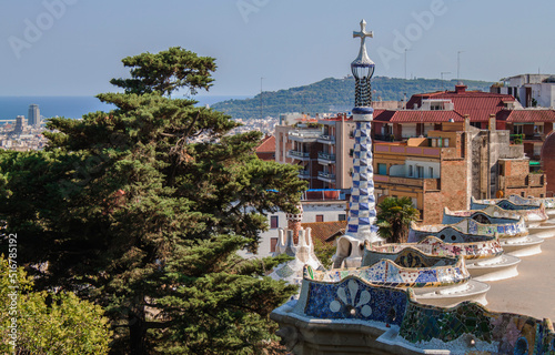 Obraz na plátně Spire modernist tower of Park Güell, a public park system composed of gardens and architectonic elements located in La Salut neighborhood, on Carmel Hill in Barcelona, Catalonia, Spain, Europe