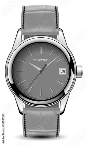 Realistic watch clock grey silver leather strap on white design classic luxury vector