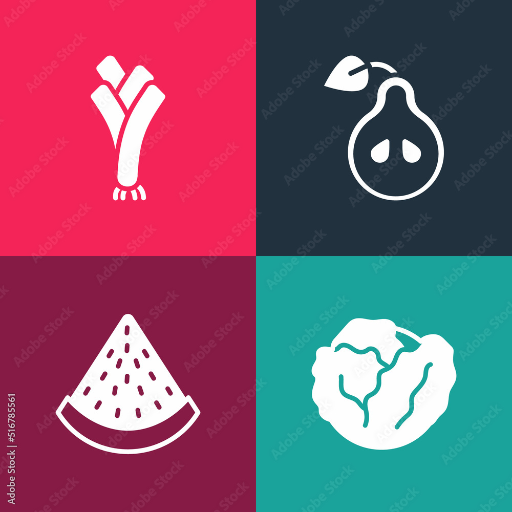 Set pop art Cabbage, Watermelon, Pear and Leek icon. Vector