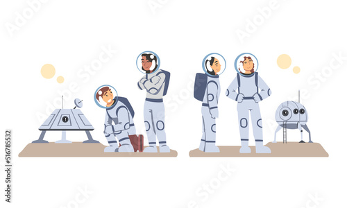 Man and Woman Astronaut Character in Outer Space in Spacesuit Landing on the Moon Vector Set