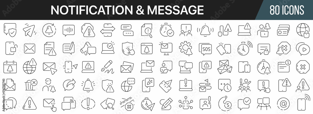 Notification and message line icons collection. Big UI icon set in a flat design. Thin outline icons pack. Vector illustration EPS10 Notification and message line icons collection. Big UI icon set in a flat design. Thin outline icons pack. Vector illustration EPS10