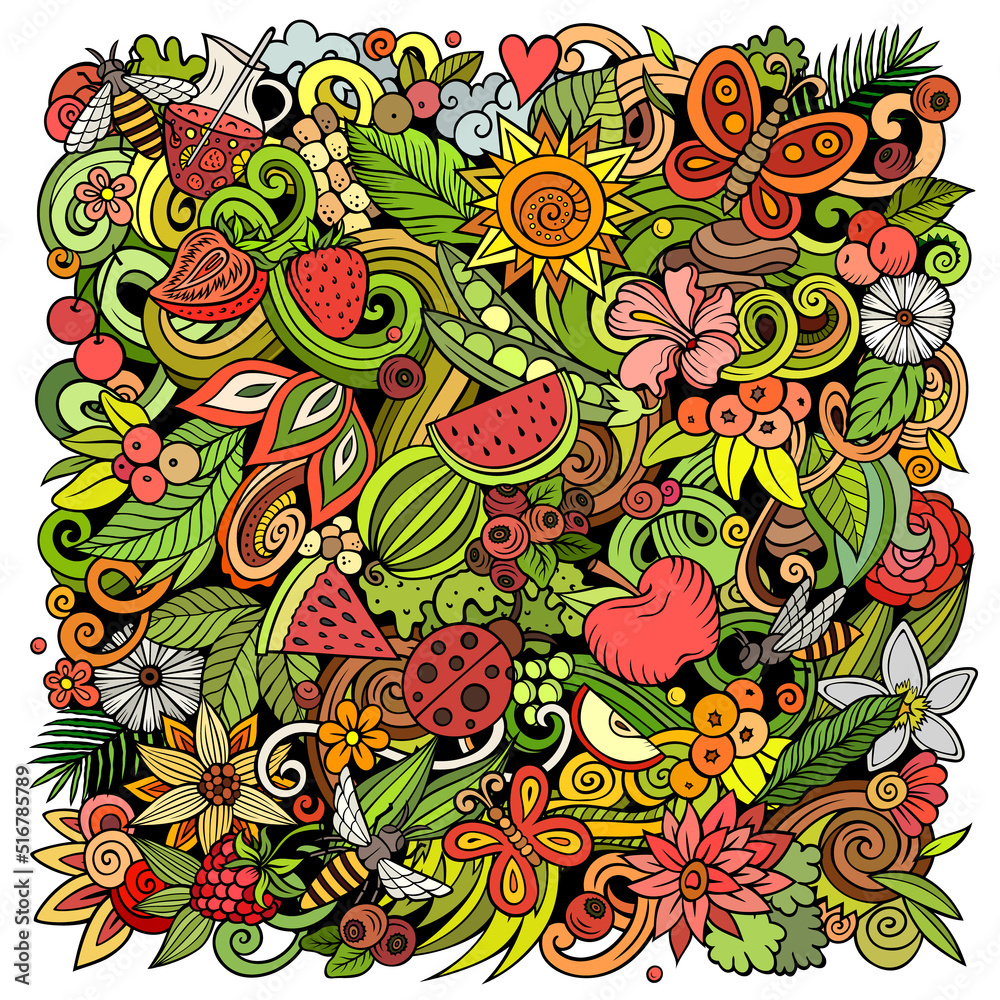 Naklejka premium Summer nature cartoon vector doodles illustration.