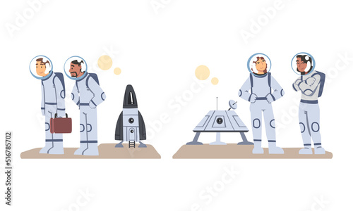 Man and Woman Astronaut Character in Outer Space in Spacesuit Landing on the Moon Vector Set