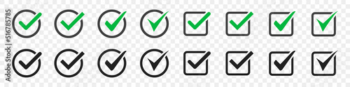 Set of check icons in green and black. Vector illustration