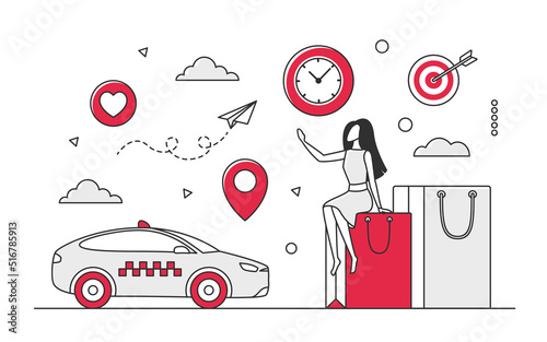 Urban delivery orders service transport. Digital shopping and car shipping vector monocolor illustration