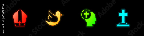 Set Pope hat, Dove, Priest and Grave with cross icon. Vector