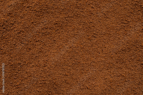 Background of instant coffee closeup, banner. Coffee powder texture, top view. Ground, instant coffee background, texture, top view. Texture of brown coffee powder, banner.