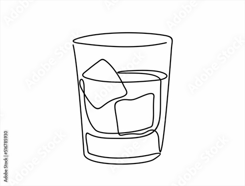 Whiskey in glass with ice continuous one line drawing minimalism design isolated on white background