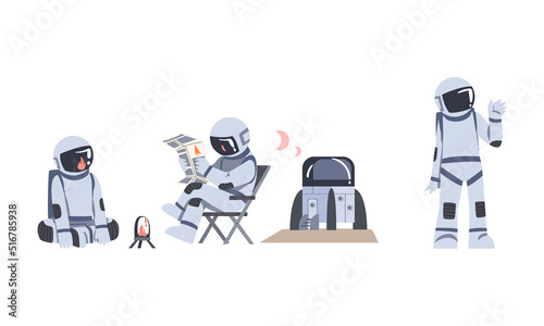 Man Astronaut Character in Outer Space in Spacesuit Waving Hand and Reading Newspaper Vector Set