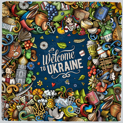 Ukraine cartoon vector doodles frame.