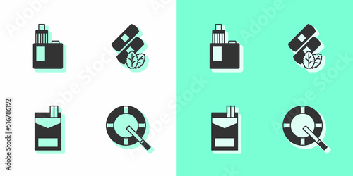 Set Ashtray with cigarette, Vape mod device, Cigarettes pack box and Medical nicotine patches icon. Vector