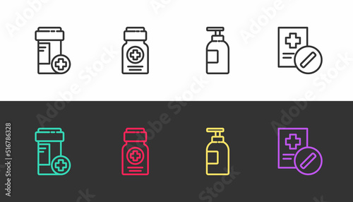 Set line Medicine bottle, , Hand sanitizer and Medical prescription on black and white. Vector