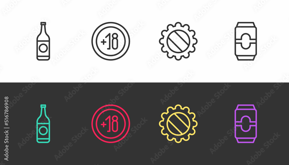 Set line Beer bottle, Alcohol 18 plus, Bottle cap and can on black and white. Vector Set line Beer bottle, Alcohol 18 plus, Bottle cap and can on black and white. Vector