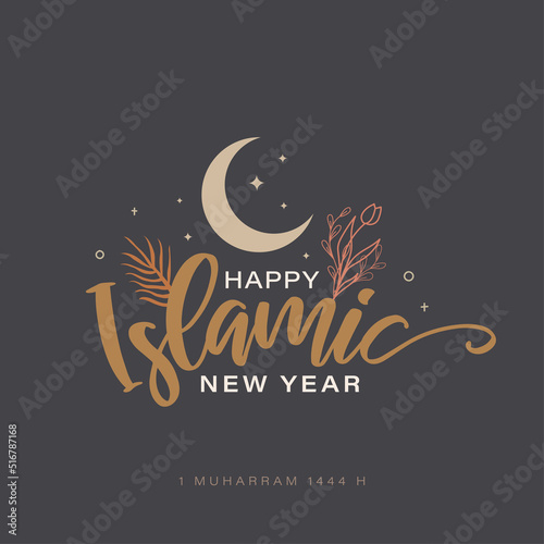 Happy islamic new year greeting card vector illustration in hand drawn vintage style