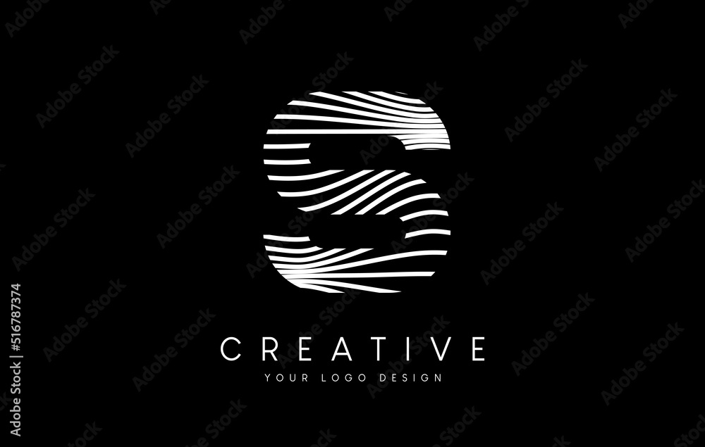 Warp Zebra Lines Letter S logo Design with Black and White Lines and ...