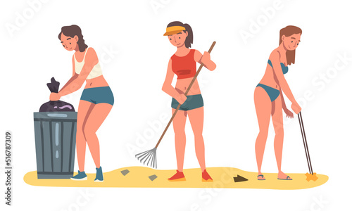 People Character Collecting Trash and Gathering Garbage from Beach Vector Set