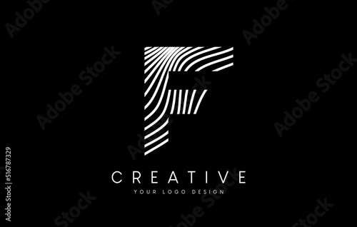 Warp Zebra Lines Letter F logo Design with Black and White Lines and Creative Icon Vector