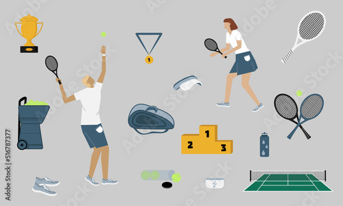 Tennis icon set in flat design style: man and woman players, racket, court, net, prize cup, medal, pedestal, bag, shoes, bottle with water,sun hat, box with balls, wrist strap, collectaball.