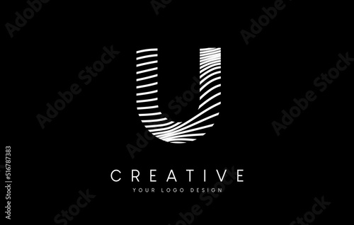 Warp Zebra Lines Letter U logo Design with Black and White Lines and Creative Icon Vector