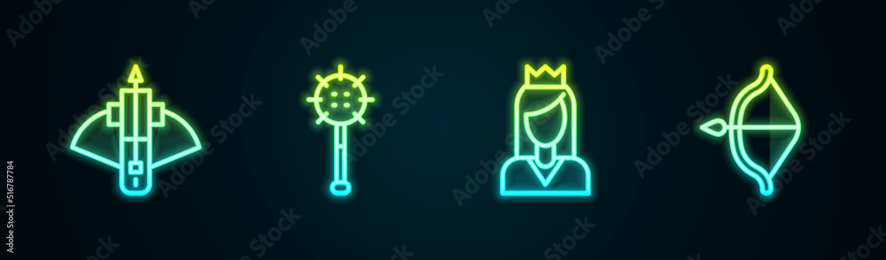 Set line Battle crossbow with arrow, Medieval chained mace ball, Princess and and. Glowing neon icon. Vector Set line Battle crossbow with arrow, Medieval chained mace ball, Princess and and. Glowing neon icon. Vector