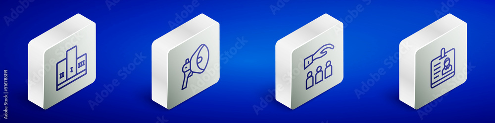Set Isometric line Award over winner podium, Megaphone, Boss with employee and Identification badge icon. Vector Set Isometric line Award over winner podium, Megaphone, Boss with employee and Identification badge icon. Vector
