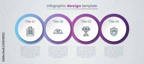 Set line Pet carry case, food bowl, award and Animal health insurance. Business infographic template. Vector