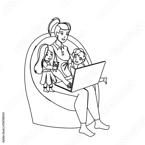 home work stress mother vector. family child, parent computer, laptop mom office, busy tired quarantine home work stress mother character. people black line pencil drawing vector illustration