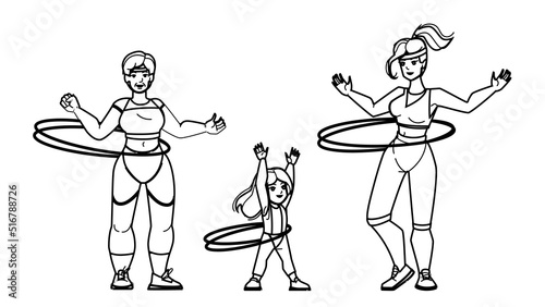 hoola hoop vector. hula ring woman girl, sport family, park fitness hoola hoop character. people black line pencil drawing vector illustration