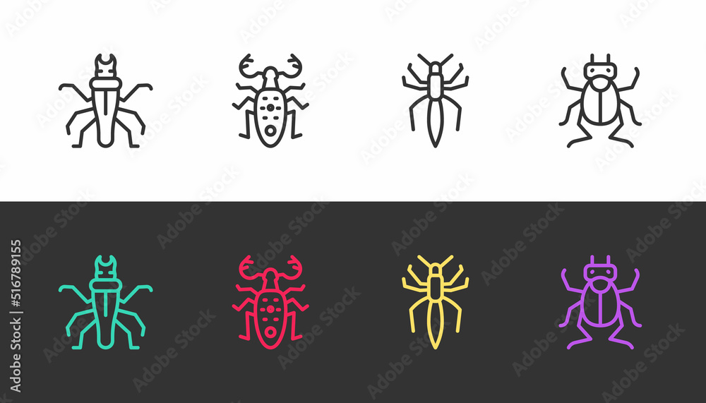Set line Termite, Beetle deer, Spider and bug on black and white. Vector Set line Termite, Beetle deer, Spider and bug on black and white. Vector