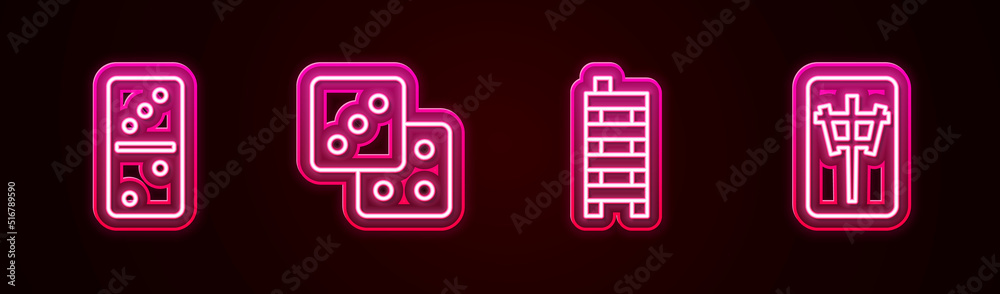 Set line Domino, Game dice, Mahjong pieces and . Glowing neon icon. Vector
