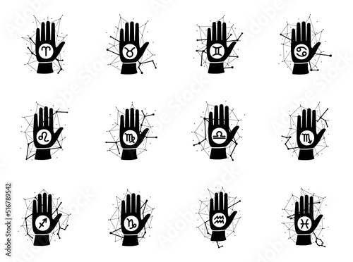 Hand with zodiac signs and constellation doodle design. Horoscope fortune telling concept artwork.