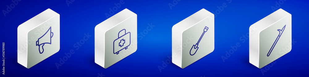 Set Isometric line Megaphone, First aid kit, Fire shovel and Metal pike pole icon. Vector Set Isometric line Megaphone, First aid kit, Fire shovel and Metal pike pole icon. Vector