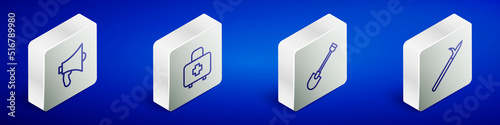 Set Isometric line Megaphone, First aid kit, Fire shovel and Metal pike pole icon. Vector