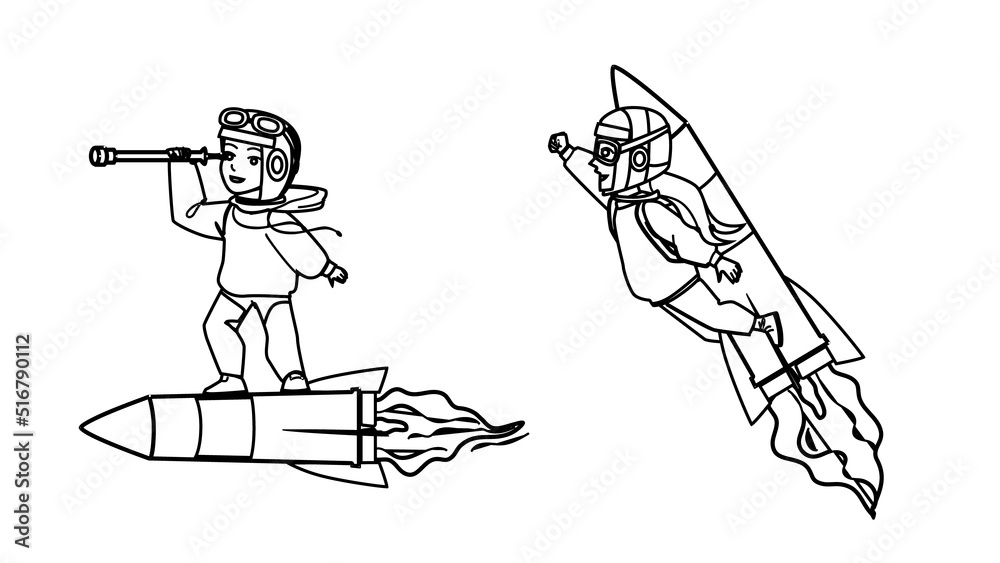 Obraz premium imagination kid vector. dream girl boy, fun play person, success pilot, space idea travel, freedom imagination kid character. people black line pencil drawing vector illustration