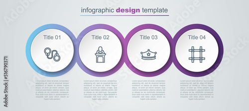 Set line Handcuffs, Judge, Police cap with cockade and Prison window. Business infographic template. Vector