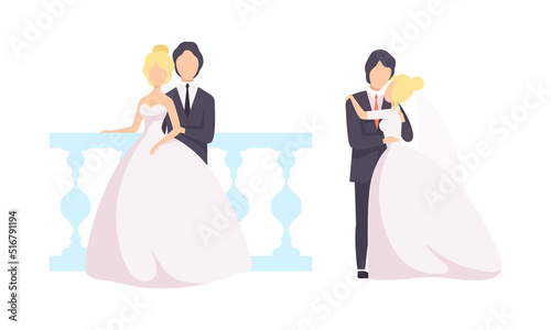 Newlyweds Couple as Just Married Male and Female in Wedding Dress and Suit Standing Together Vector Set