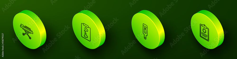 Set Isometric line Stretcher, X-ray shots, Digital thermometer and Clinical record icon. Vector Set Isometric line Stretcher, X-ray shots, Digital thermometer and Clinical record icon. Vector