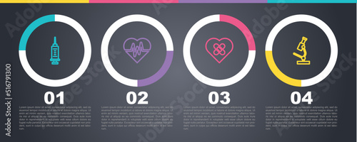 Set line Syringe, Heart rate, Healed broken heart and Microscope. Business infographic template. Vector