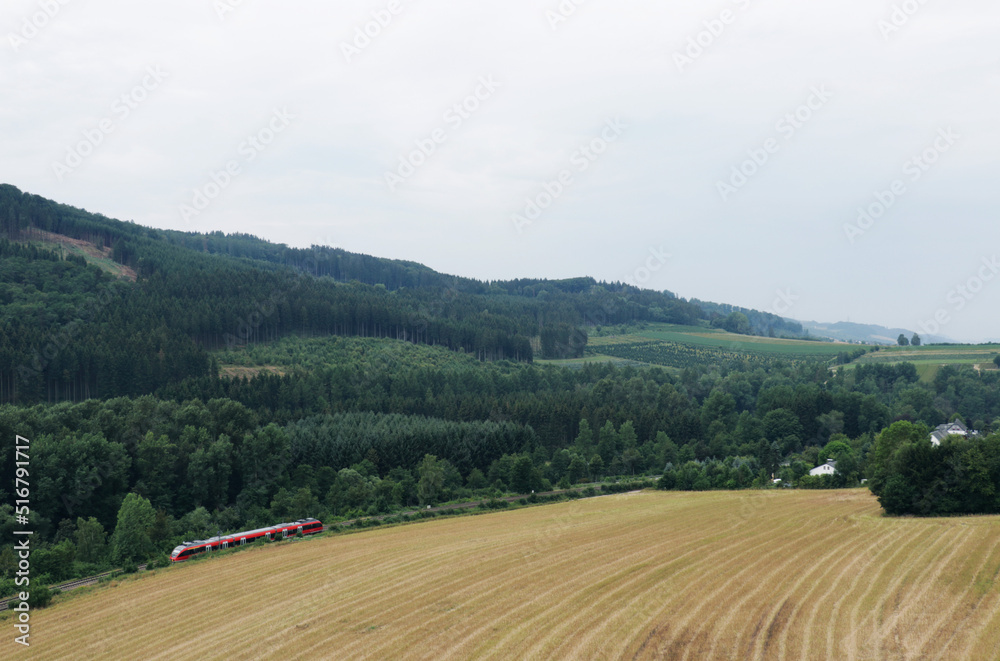 Mountain landscape with forest hills, a main road, railway track with red train and a field